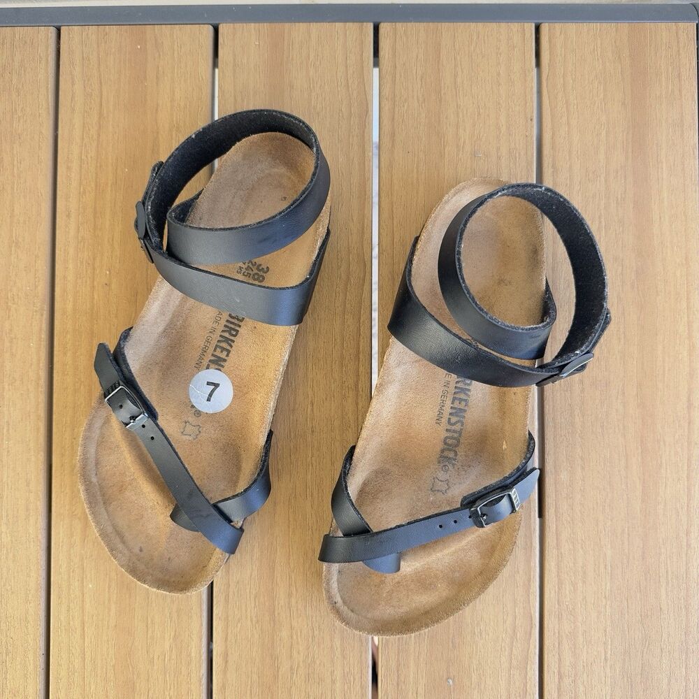 Birkenstock Yara Black Leather Ankle Strap Sandals Womens EU 38 US 7 Narrow Fit